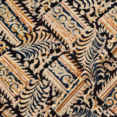 Pure Cotton Kalamkari Black With Mustard With Blue Intricate Design Hand Block Print Fabric