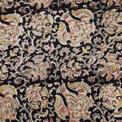 Pure Cotton Kalamkari Black With Pink And Green Wild Jungle Flowers Jaal Hand Block Print Fabric