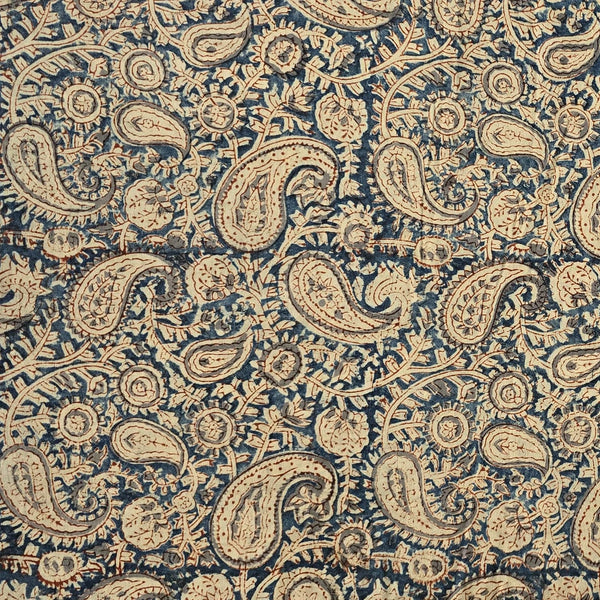 ( Pre-Cut 1.95 Meter ) Pure Cotton Mul Kalamkari Blue With Cream Kairi Jaal Hand Block Print Fabric