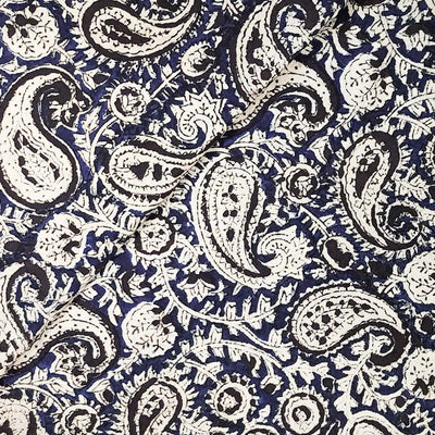 Pure Cotton Kalamkari Blue With Cream Kairi  Jaal Hand Block Print Fabric