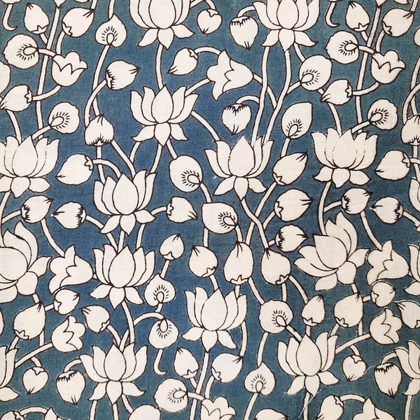 Pure Cotton Kalamkari Blue With Cream Lotus Hand Block Print Fabric