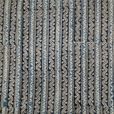 Pure Cotton Kalamkari Blue With Light Blue Flower Creeper Hnad Block Print Fabric
