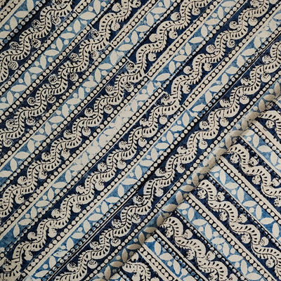 Pure Cotton Kalamkari Blue With Light Blue Flower Creeper Hnad Block Print Fabric
