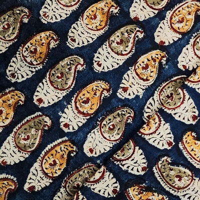 Pure Cotton Kalamkari Blue With Mustard And Green Kairi Motifs All Over Hand Block Print Fabric