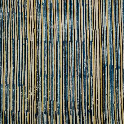 Pure Cotton Kalamkari Blue With  Mustard Stripes Hand Block Print Fabric