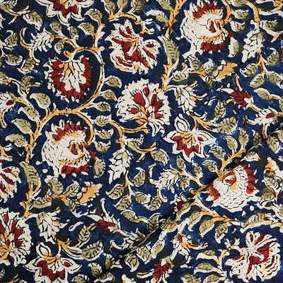 Pure Cotton Kalamkari Blue With Red And Green Flower Jaal Hand Block Print Fabric