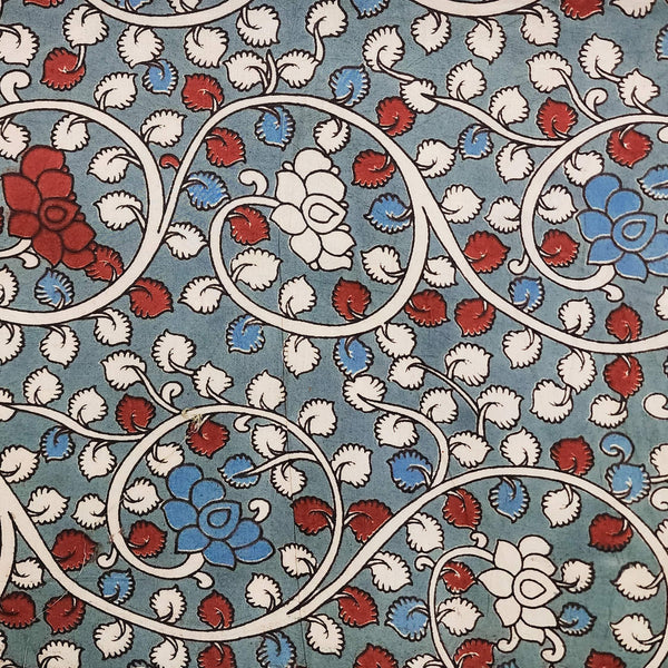 Pure Cotton Kalamkari Blue With Red And White Flower Jaal Hand Block Print Fabric