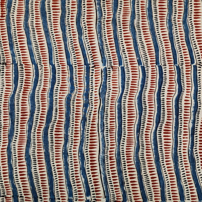 Pure Cotton Kalamkari  Blue With Rust Stripes And Block Print Fabric