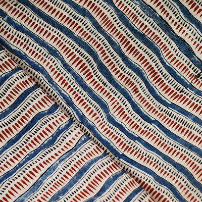 Pure Cotton Kalamkari  Blue With Rust Stripes And Block Print Fabric