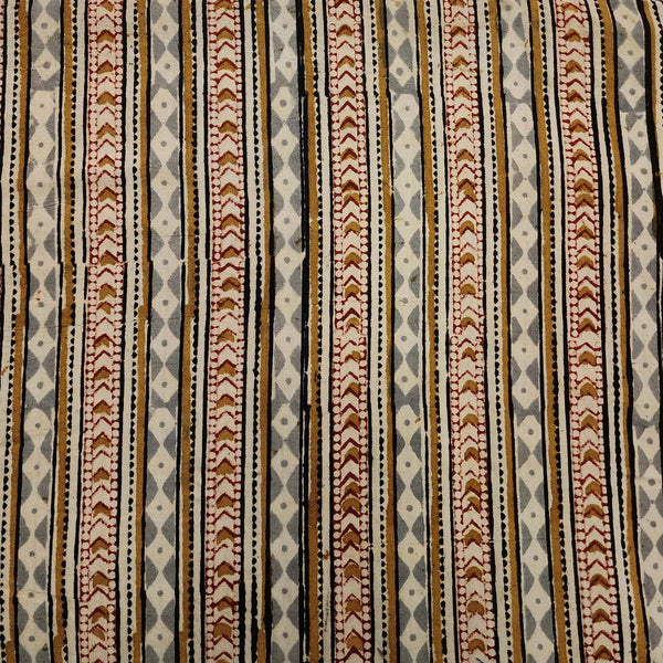 Pre-cut2 meter Pure Cotton Kalamkari Cream Mustard Grey Rust Border Stripes Hand Block Print Fabric
