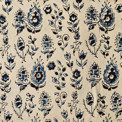 Pure Cotton Kalamkari Cream With Blue And Black Flower Motif Hand Block Print Fabric