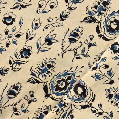 Pure Cotton Kalamkari Cream With Blue And Black Flower Motif Hand Block Print Fabric