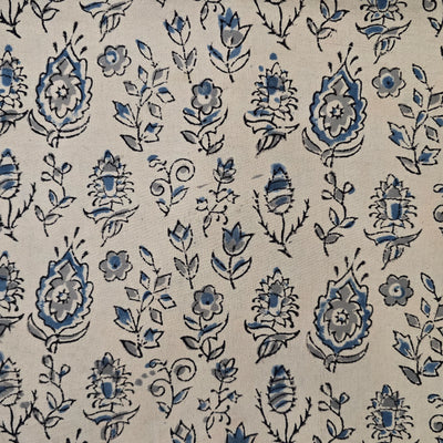 Pure Cotton Kalamkari Cream With Blue And Grey Flower Motif Hand Block Print Fabric