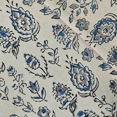 Pure Cotton Kalamkari Cream With Blue And Grey Flower Motif Hand Block Print Fabric