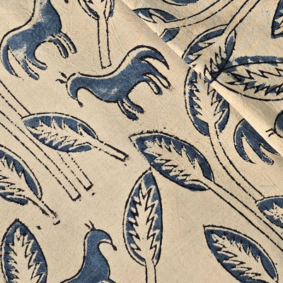 Pure Cotton Kalamkari Cream With Blue Horse With Tree  Hand Block Print Fabric