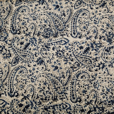 Pure Cotton Kalamkari Cream With Blue Wild Kairi Jaal Hand Block Print Fabric
