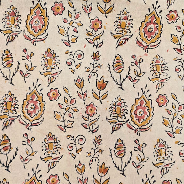 Pure Cotton Kalamkari Cream With Pink And Mustard And Black Flower Motif Hand Block Print Fabric