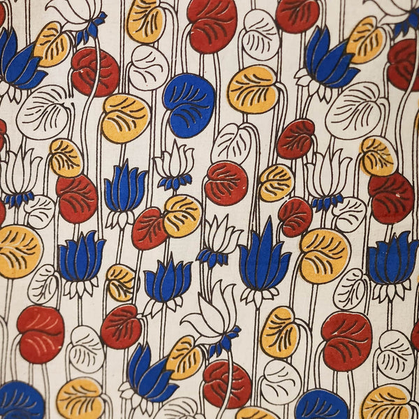 PRE-CUT 2 METER Pure Cotton Kalamkari Cream With Red And Blue Lotus Hand Block Print Fabric