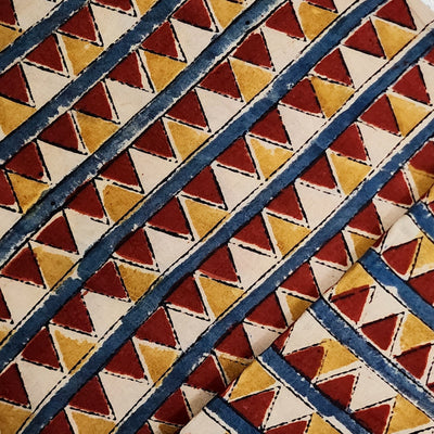 Pure Cotton Kalamkari Cream With Red And Mustard Triangle Border Hand Block Print Fabric