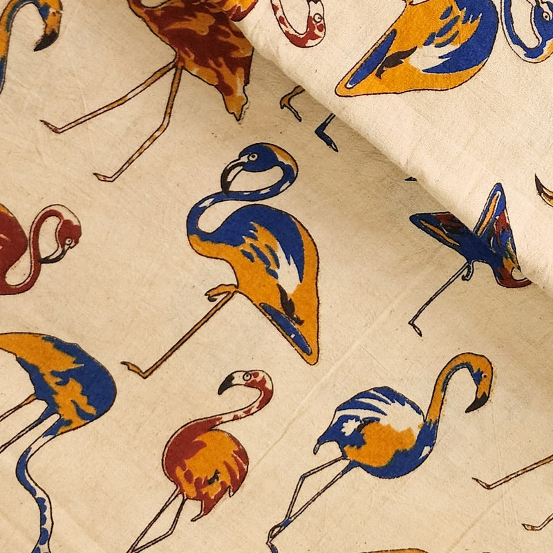 Pure Cotton Kalamkari Cream With Red And Orange And Blue Greater Flamingo Hand Block Print Fabric