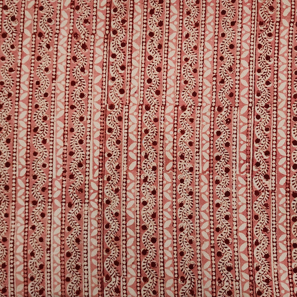Pure Cotton Kalamkari Cream With Red Small Flower Creeper Border Hand Block Print Fabric