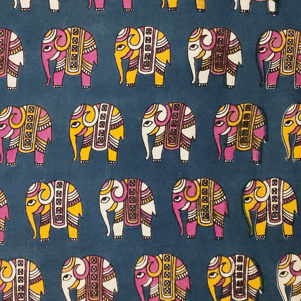 Pure Cotton Kalamkari Dark Blue With Pink And Yellow Elephant Motifs Hand Block Print Fabric
