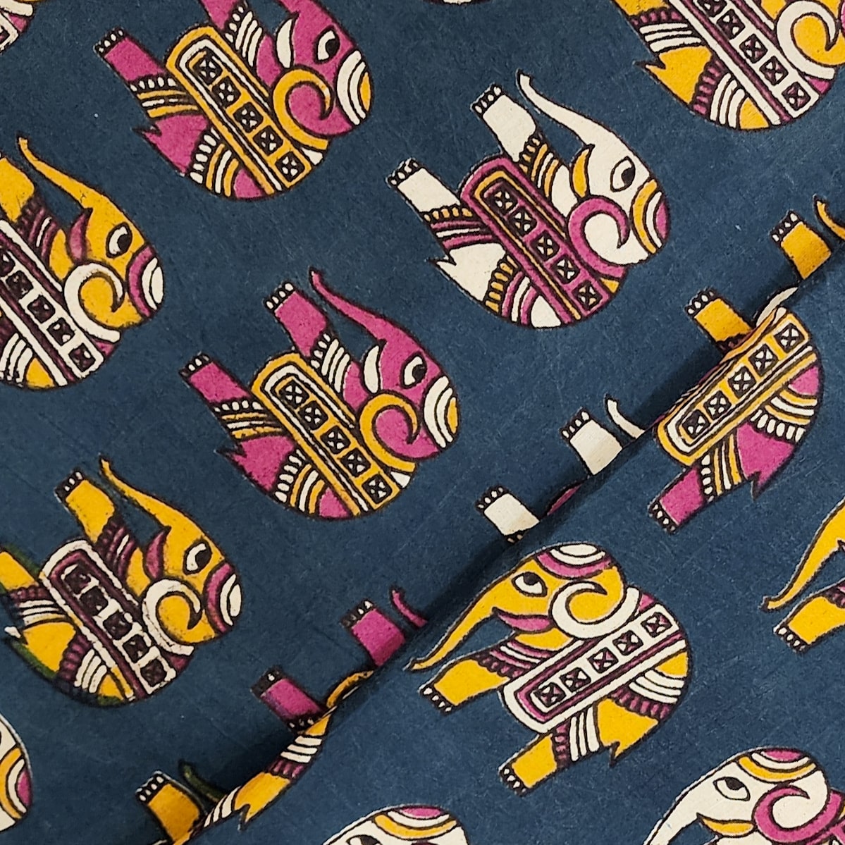 Pure Cotton Kalamkari Dark Blue With Pink And Yellow Elephant Motifs Hand  Block Print Fabric