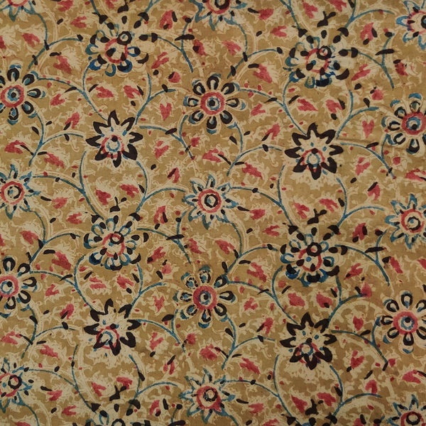 Pre-cut 1 meter Pure Cotton Kalamkari Dull Mustard With Floral Jaal Hand Block Print Fabric .