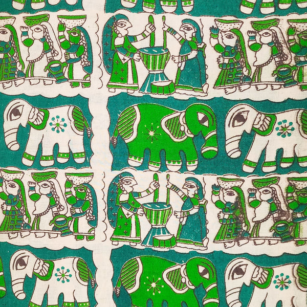 Pure Cotton Kalamkari Green And Cream Elephants And Trade Dance Hand Block Print Fabric