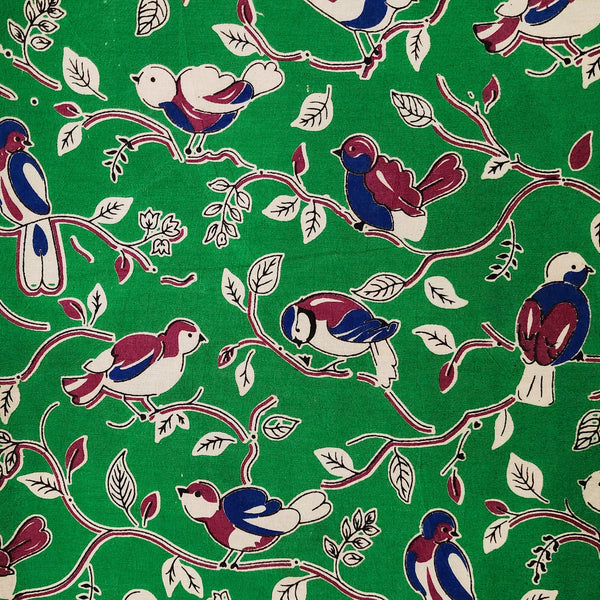 Pure Cotton Kalamkari Green With Blue And Pink Birds Sitting On Tree Hand Block Print Fabric