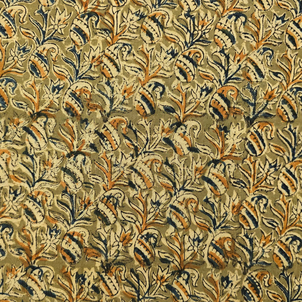 Pure Cotton Kalamkari Green With Mustard Kairi Jaal Hand Block Print Fabric