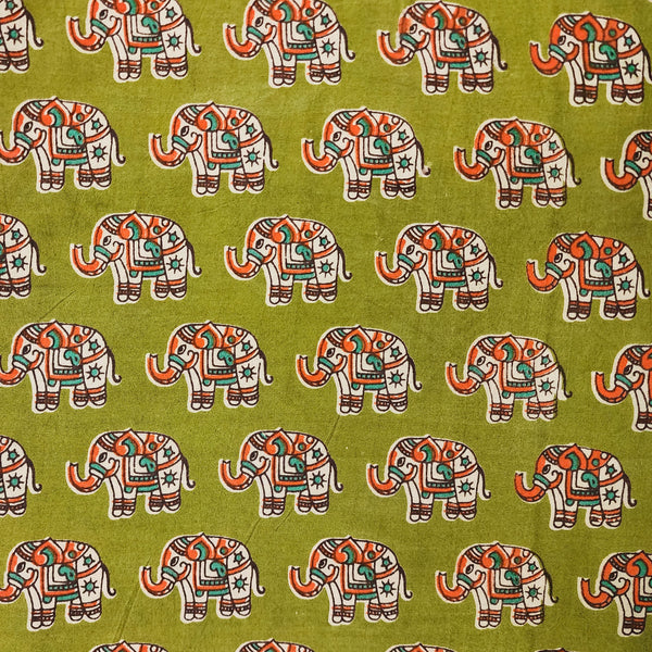 Pure Cotton Kalamkari Green With Orange Elephant Motif Hand Block Print Fabric