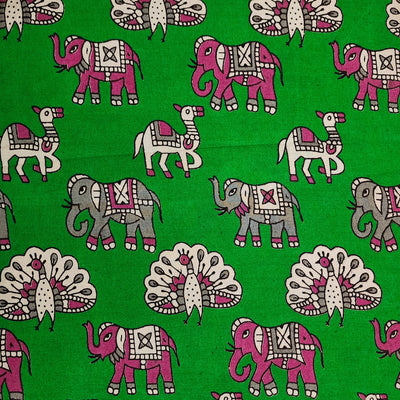 ( Pre-Cut 1  Meter ) Pure Cotton Kalamkari Green With Pink And Cream Three Different Animals Hand Block Print Fabric