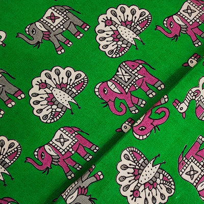 ( Pre-Cut 1  Meter ) Pure Cotton Kalamkari Green With Pink And Cream Three Different Animals Hand Block Print Fabric