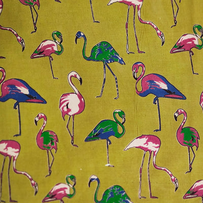 Pure Cotton Kalamkari Green With Pink And Dark Green Greater Flamingo Hand Block Print Fabric