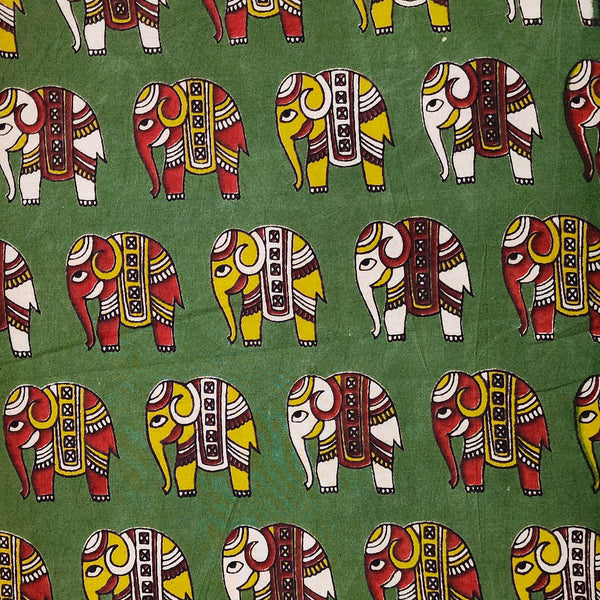 Pure Cotton Kalamkari Green With Red And  Yellow Elephant Motif Hand Block Print Fabric