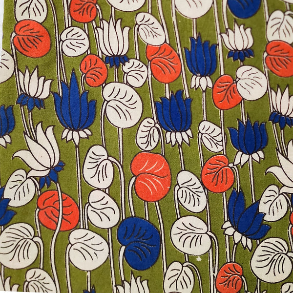 Pure Cotton Kalamkari Green With White And Orange And Blue Lotus Hand Block Print Fabric
