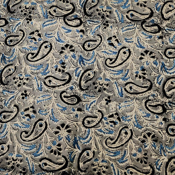 Pure Cotton Kalamkari Grey With Blue And Black Kairi Jaal Hand Block Print Fabric
