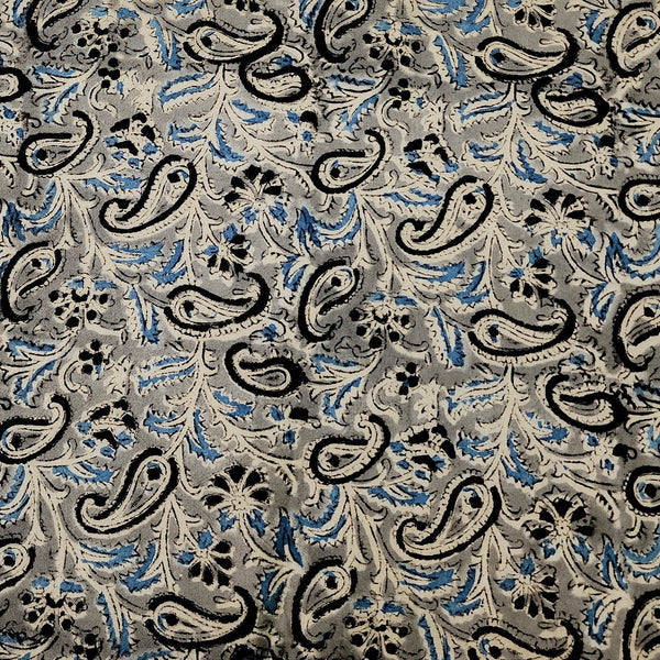 ( Pre-Cut 1.50 Meter )Pure Cotton Kalamkari Grey With Blue And Black Kairi Jaal Hand Block Print Fabric