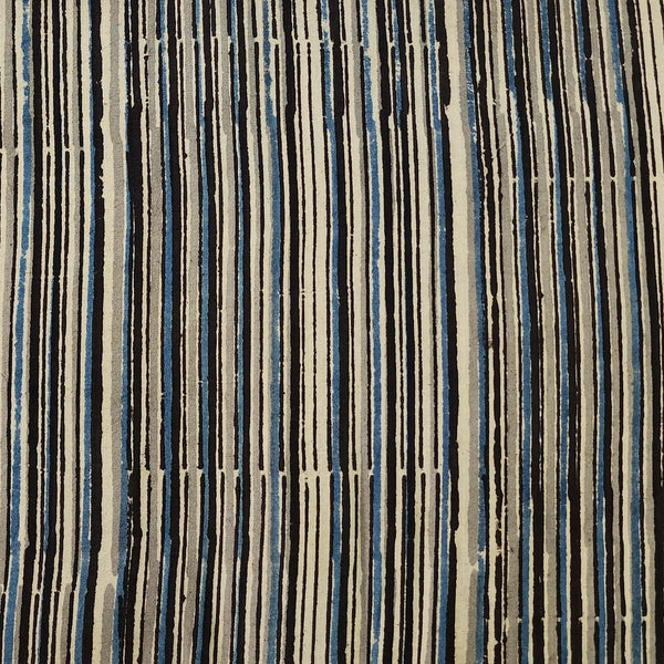 Pure Cotton Kalamkari Grey With Blue And Stripes Hand Block Print Fabric