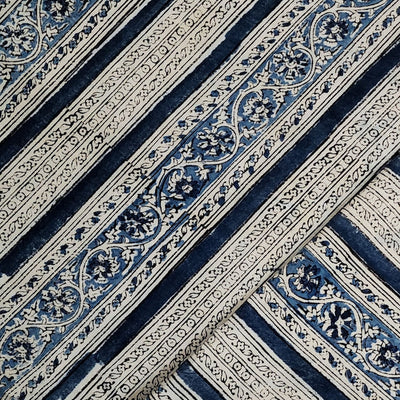 ( Pre-Cut 0.95 Meter ) Pure Cotton Kalamkari  Blue With Rust Stripes And Block Print Fabric