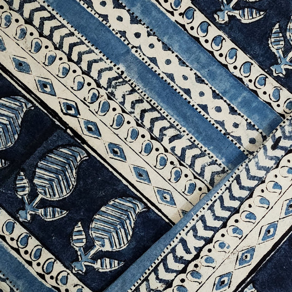 Pre-cut 1.5 meter Pure Cotton Kalamkari Kairi And Intricate Border With  Cream And Blue And Black Hand Block Print Fabric