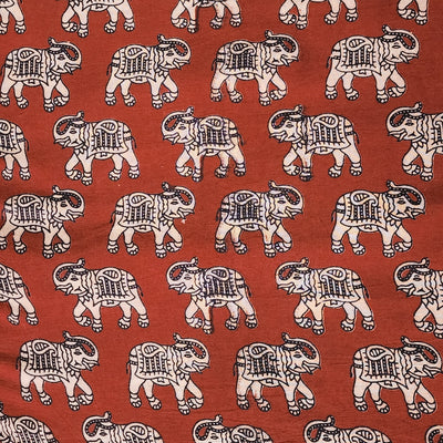 Pure Cotton Kalamkari Maroon With Cream Elephant Hand Block Print Fabric