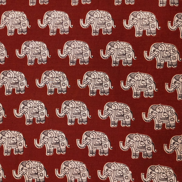 BLOUSE PIECE 0.90 METER Pure Cotton Kalamkari Maroon With Cream Elephant Motifs Hnad Block Print Fabric