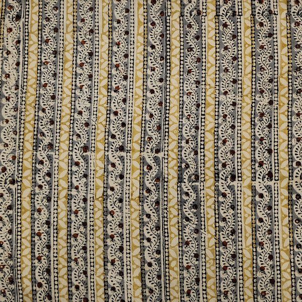 ( Pre-Cut 1.50 Meter Pure Cotton Kalamkari Cream With Rust And Blue And Mustard Big Kairi Border Hand Block Print Fabric