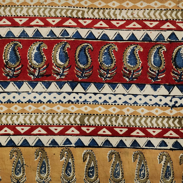 ( Precut 0.80 Meter ) Pure Cotton Kalamkari Mustard And Rust With Kairi Design Border Hand Block Print Fabric