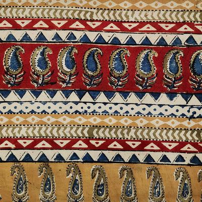 ( Pre-Cut 1.20 Meter ) Pure Cotton Kalamkari Mustard And Rust With Kairi Design Border Hand Block Print Fabric