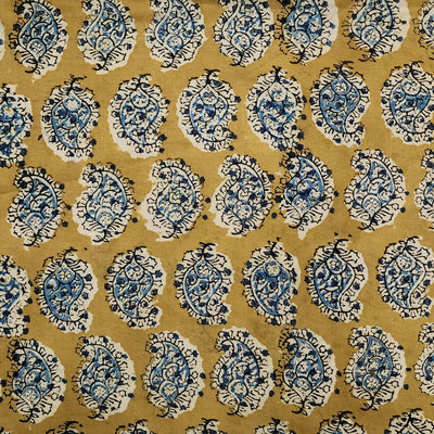 ( Pre-Cut 0.80 Meter ) Pure Cotton Kalamkari Mustard Blue Mahindi Design Kairi Hand Block Print Fabric