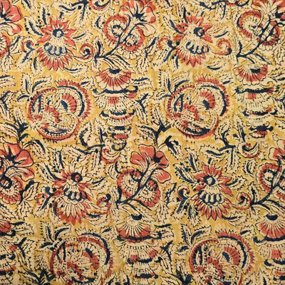 Pure Cotton Kalamkari Mustard Jungle Flower Jaal Hand Block Print Fabric