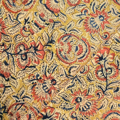 Pure Cotton Kalamkari Mustard Jungle Flower Jaal Hand Block Print Fabric